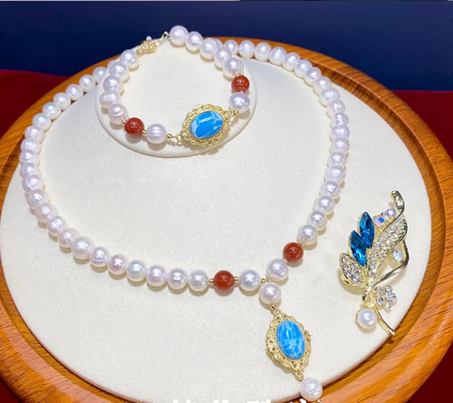 Collana + braccialetto + spilla con perle d'acqua dolce bianche naturali da 8-10 mm AAA