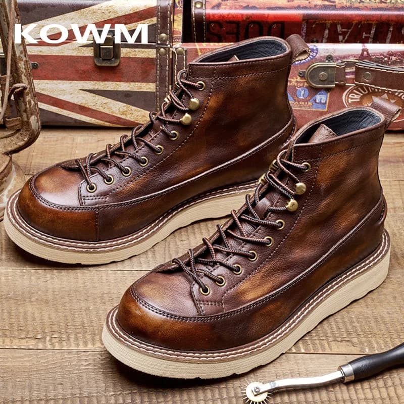 KOWM Scarpe da trekking in pelle di vacchetta stivali da passeggio da uomo Stivali da moto britannici alti alla caviglia sneakers casual scarpe da trekking con suola spessa