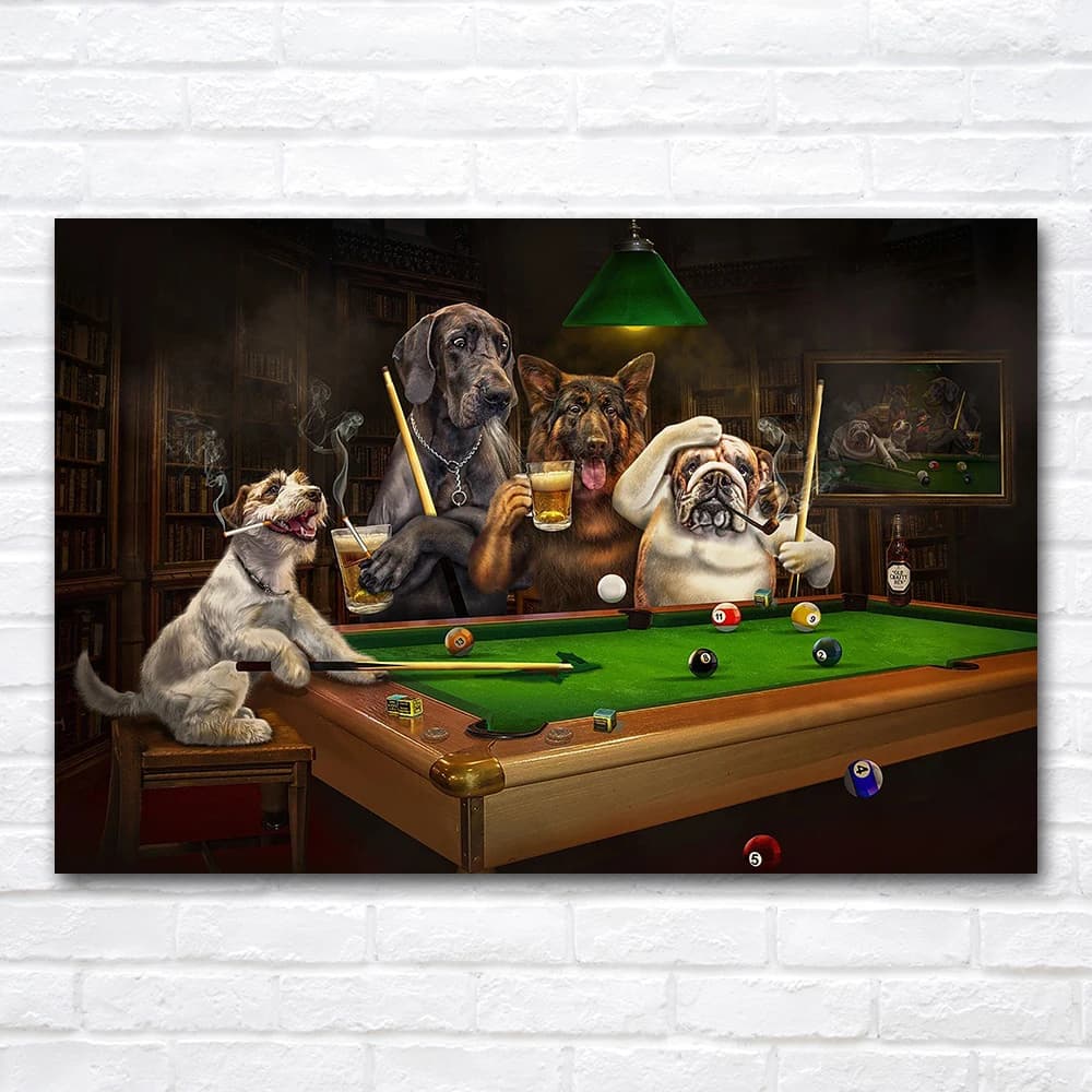 Dogs Playing Pool Billiards Wall Art Canvas Painting Funny Poster Print Mural Wall Decoration Painting Illustration
