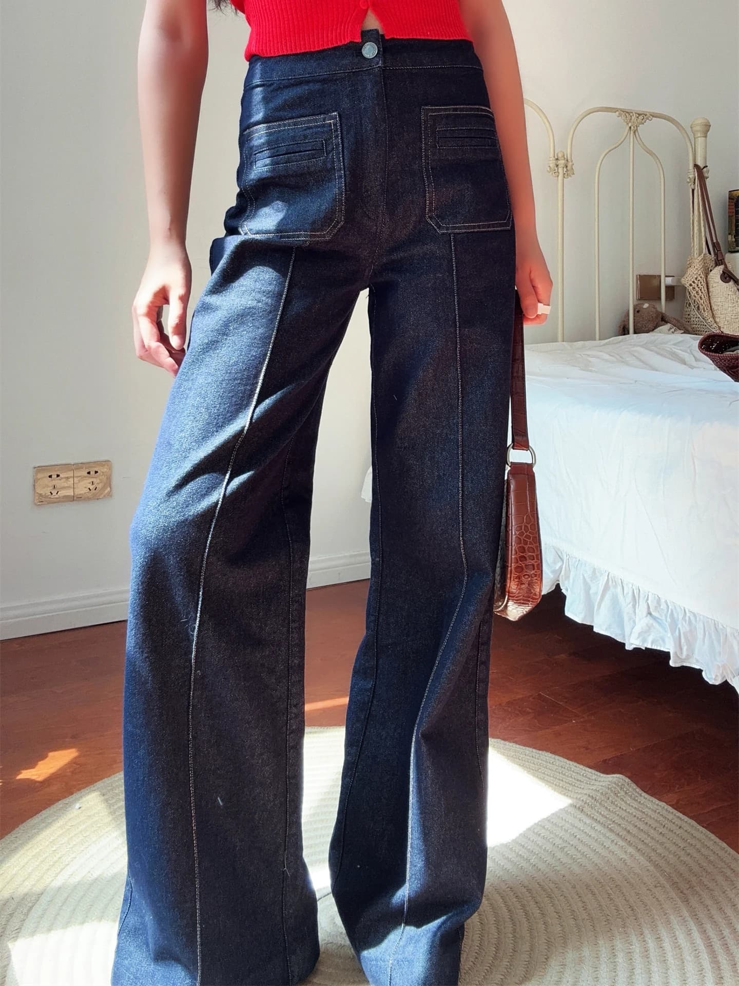High Waist Modern Retro Long Pants Women's Jeans Floor-Length Pocket Design Straight Leg Anti-Stain Durable All-Season Trousers