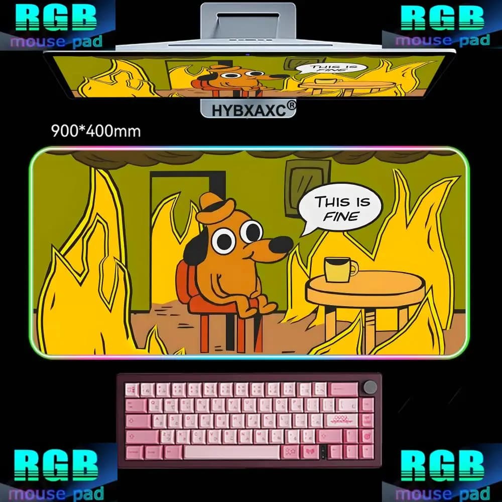 Tappetino per Mouse RGB HYBXAXC 800X400MM, Tappetino da Scrivania per Gaming HD, Grande Mousepad LED XXL con Design 'This Is Fine' Dog