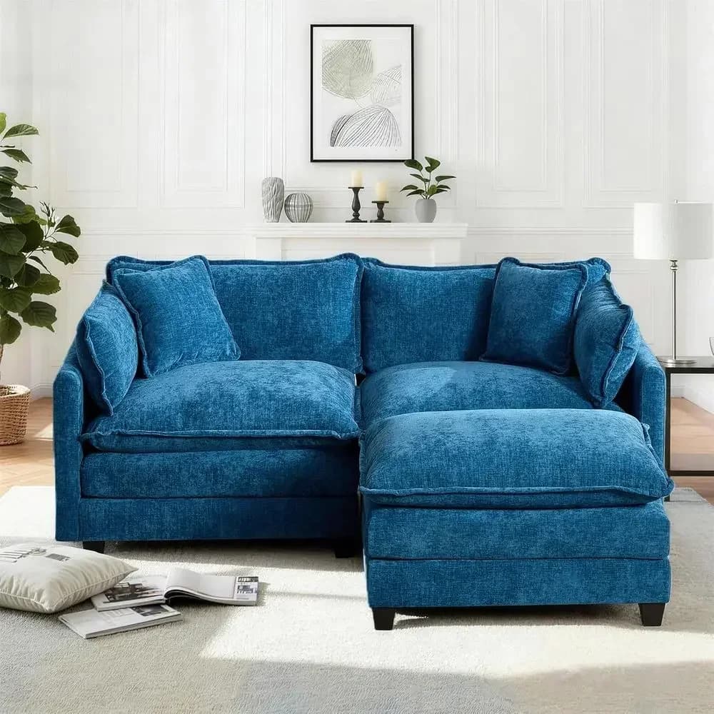 Blue Chenille 78 Sectional Sofa with Ottoman, 2 Seats, Removable Memory Foam, 2 Throw Pillows, 2 Lumbar Pillows for Living Room