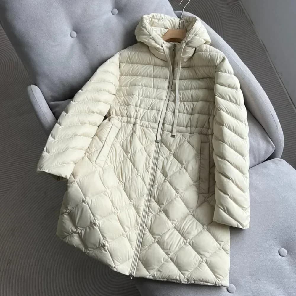 Cappotto lungo leggero in piumino d'anatra bianco donna 2024 autunno inverno piumino con cappuccio sottile donna Casual cinturino Parka solido