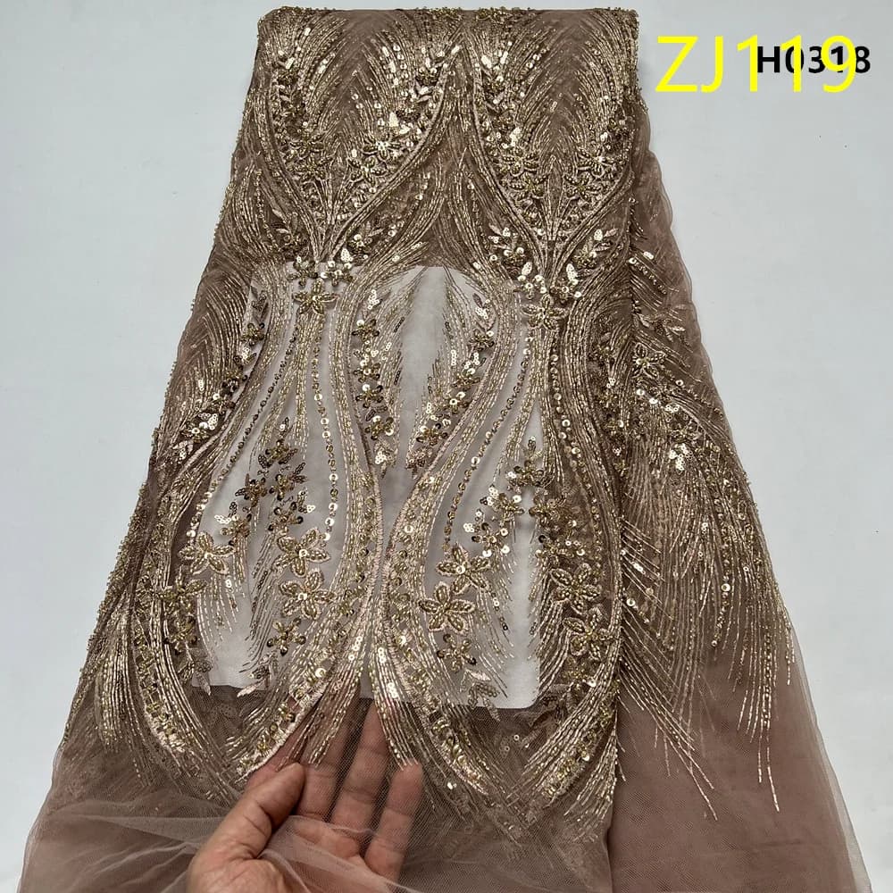 2025 African Nigerian Latest High Quality With Tulle Sewing Lace Fabric Guipure Embroidery Dresses Sequins Beads 5Yards ZJ119