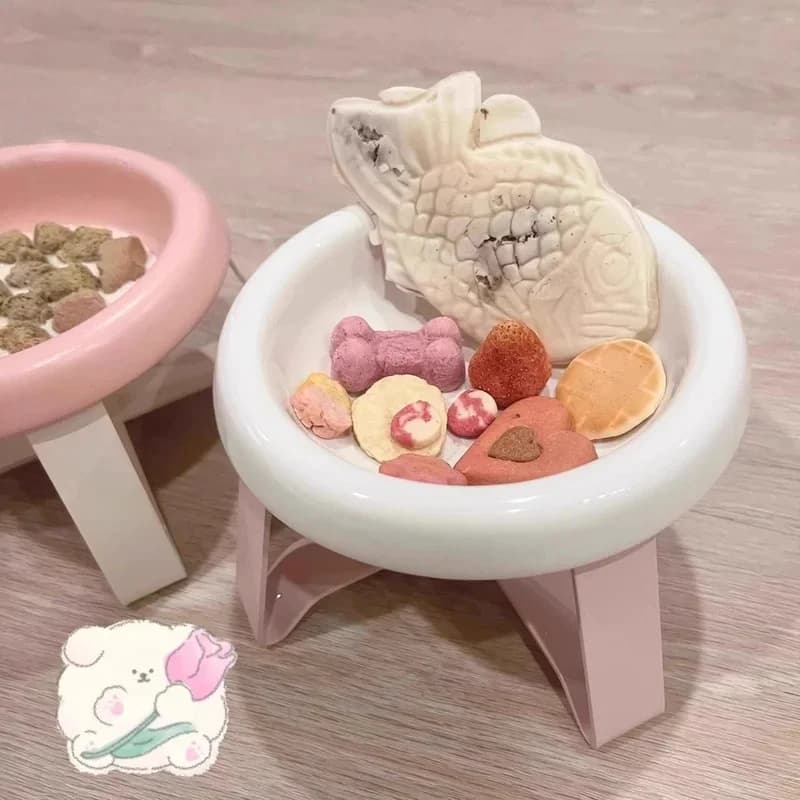 Elevated Pet Bowl Set Raised Cat Feeder with Stand Neck Support Anti-Acne Plastic Food Water Bowl