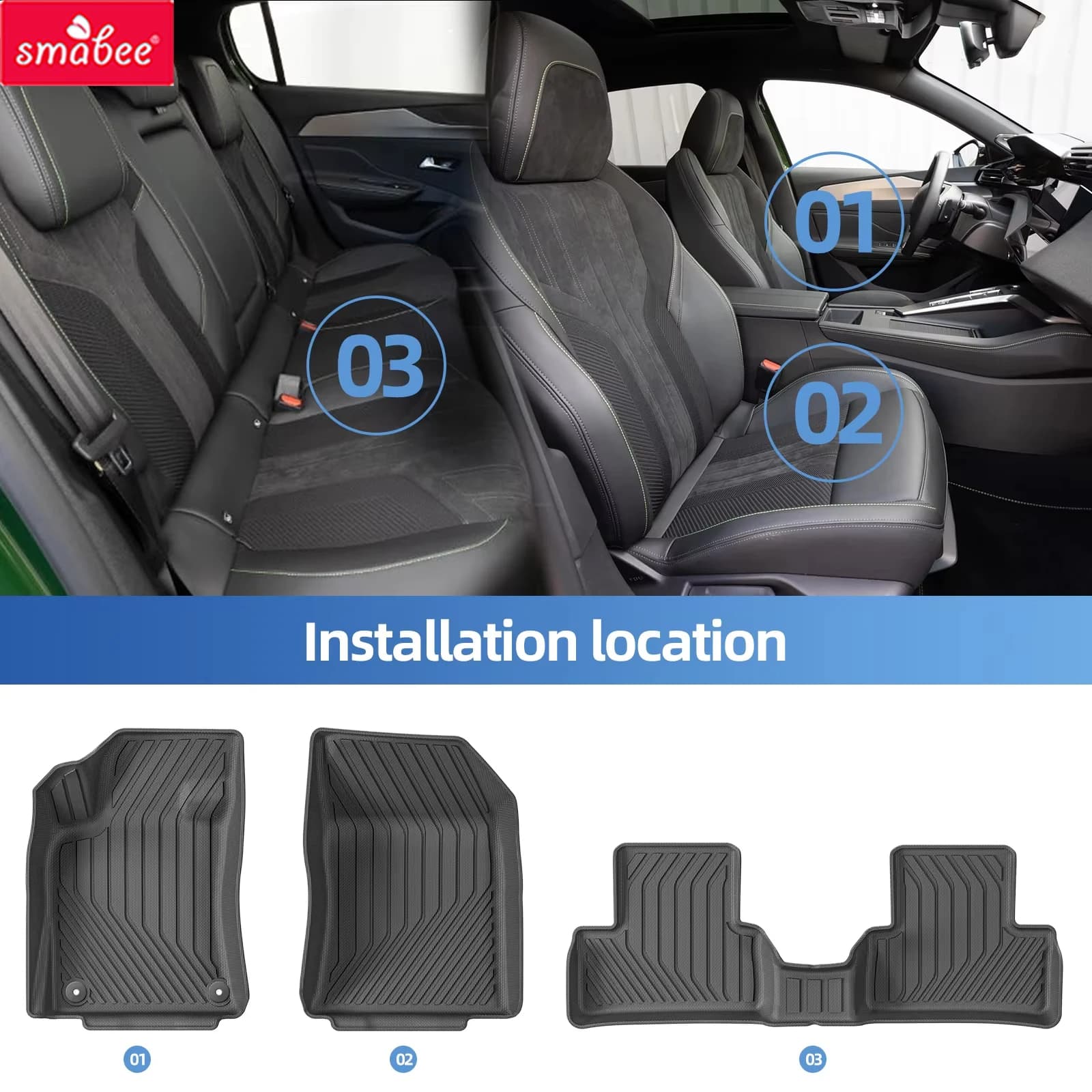 3D Car Mats Peugeot 308 (2022, 2023, 2024) and black waterproof luggage mat for all seasons, left guide