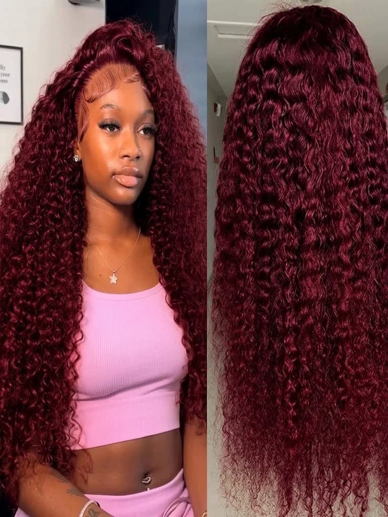 99J Burgundy Deep Wave Human Hair Wig Water Wave Hd Lace Wig 13x6 Frontal Colored 30 Inch Curly Lace Front Wigs For Black Women