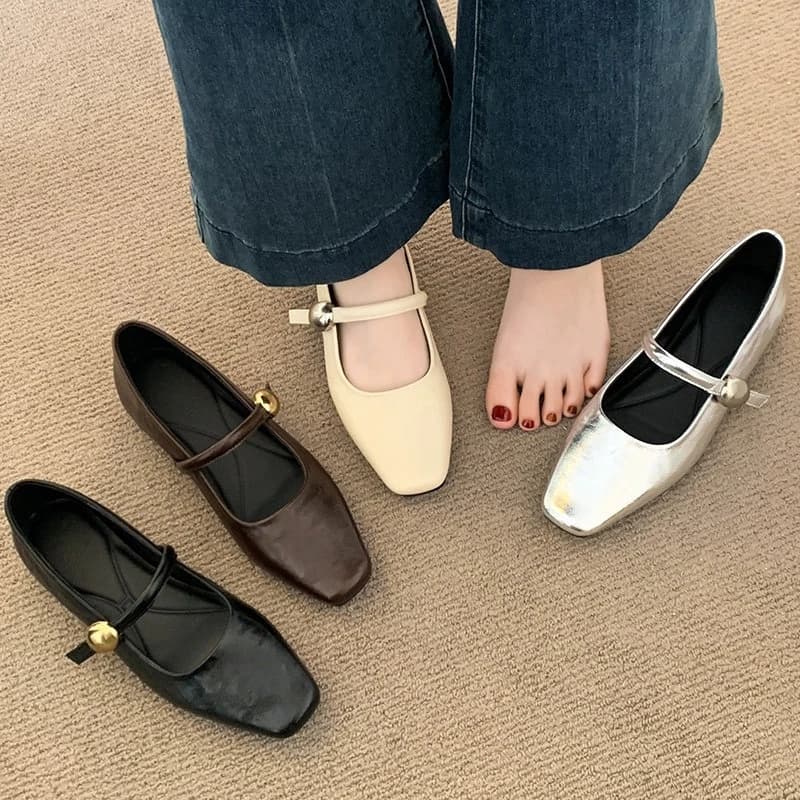 Women Square Toe Mary Janes Flat Shoes Buckle Strap Soft Leather Slip On Shoes Ladies Daily Office Casual Walking Dress Footwear