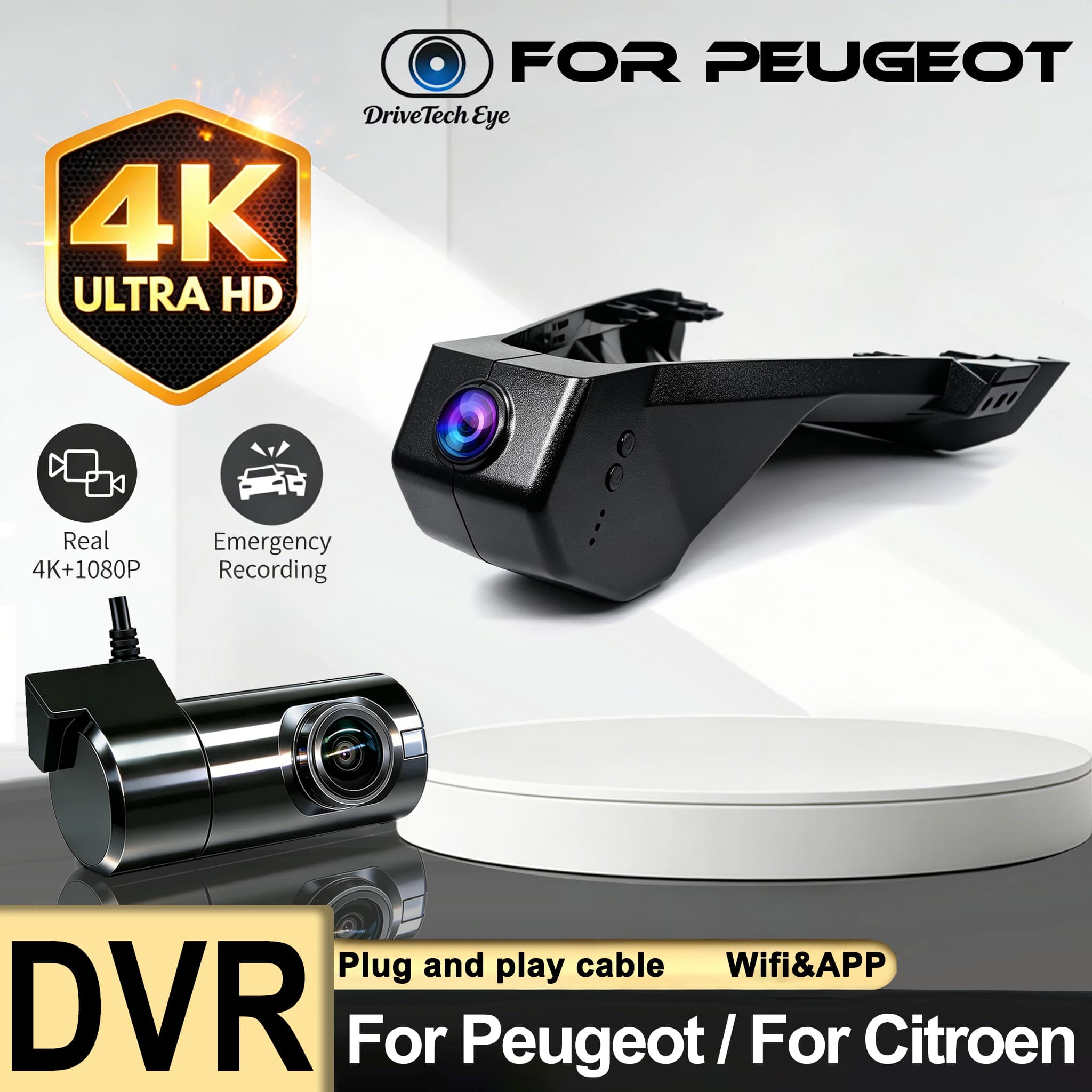 Dashcam 4K HD 2160P Plug and Play con Wi-Fi, Registratore Video DVR per Auto, Compatibile con Peugeot 3008 Allure 4008 5008 GT DS7 CROSSBACK Citroen C5 X7