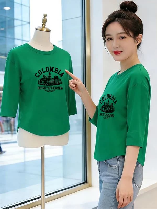 2026 New Green Print Mid-Sleeve T-Shirt Women's Casual Base Shirt Fashionable Mom's Clothes Loose Fit Polyester Fiber