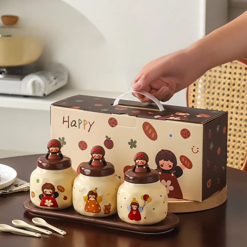 Set di Barattoli in Ceramica per Condimenti, Contenitori per Sale, Zucchero e MSG, Organizzatore per Cucina
