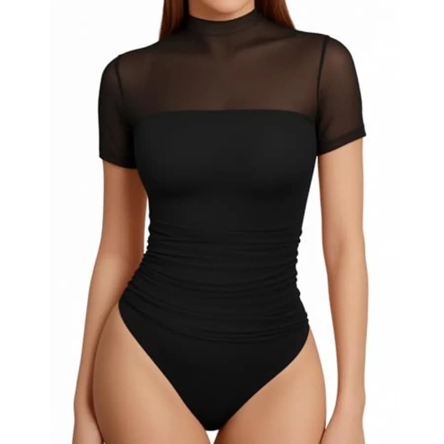 MANGOPOP Body da donna a collo alto finto in rete arricciata a maniche lunghe, sexy e trasparente, top trendy per uscire in discoteca