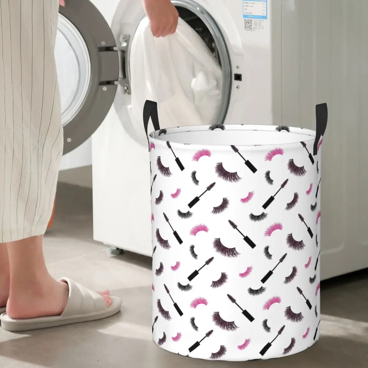 Foldable linen baskets with pink glitter pattern, for eyelashes and mascara, container for dirty clothes and toys, organizer for the house