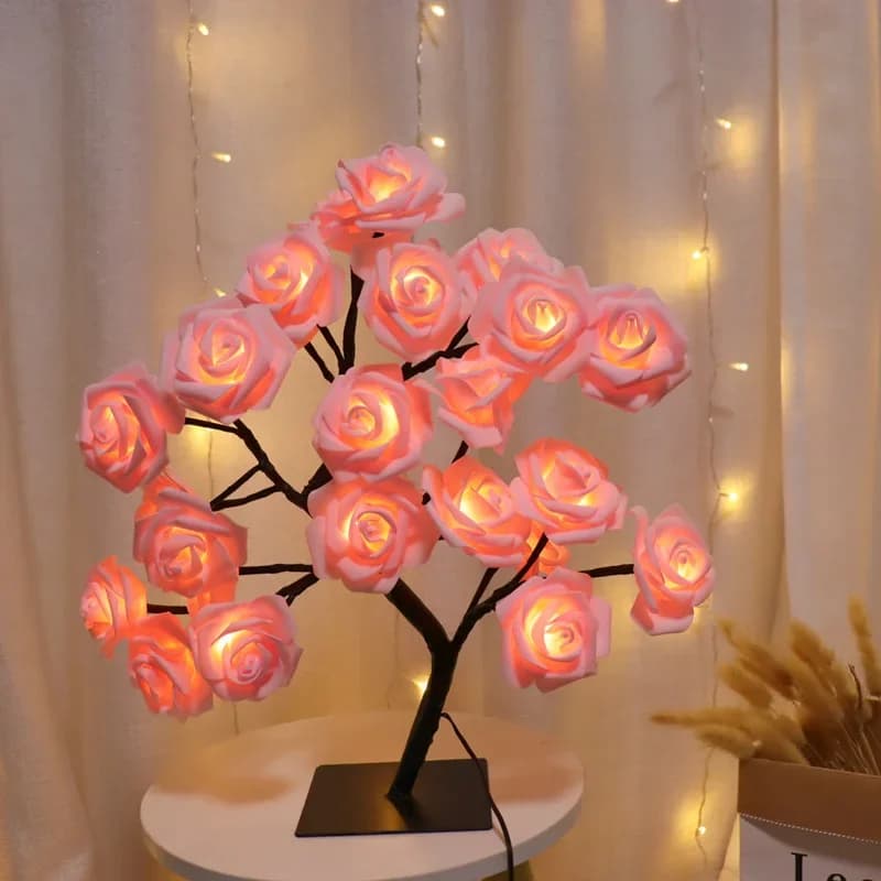 Lampada da tavolo a LED Rosa Fiore Albero Luci notturne USB Decorazione domestica Luci da tavolo a LED Feste Natale Natale Matrimonio Arredamento camera da letto