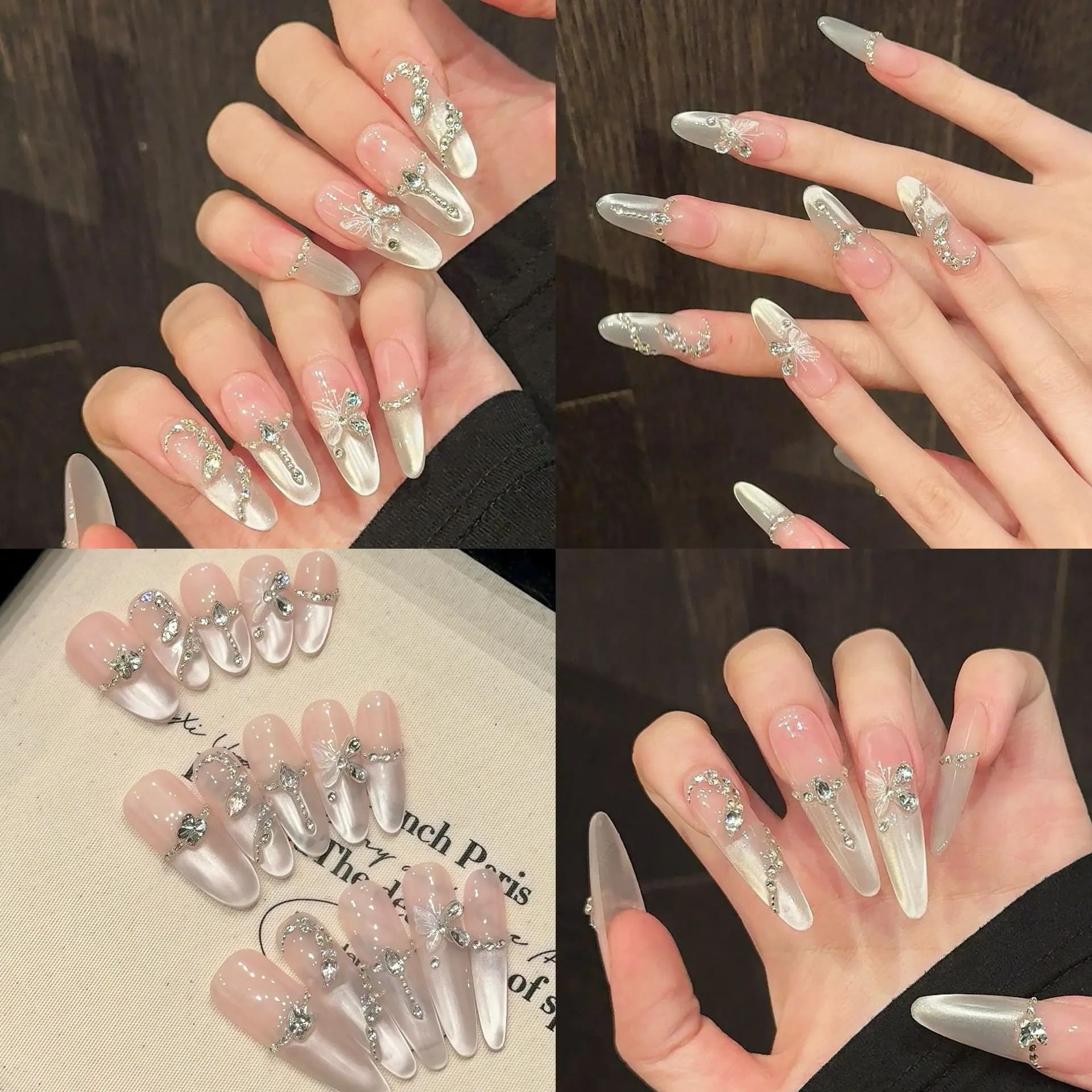 10 pieces simple handmade fake nails in french style shiny cat's eye shaped snake decoration with diamonds print on the nails butterfly crystal manicure