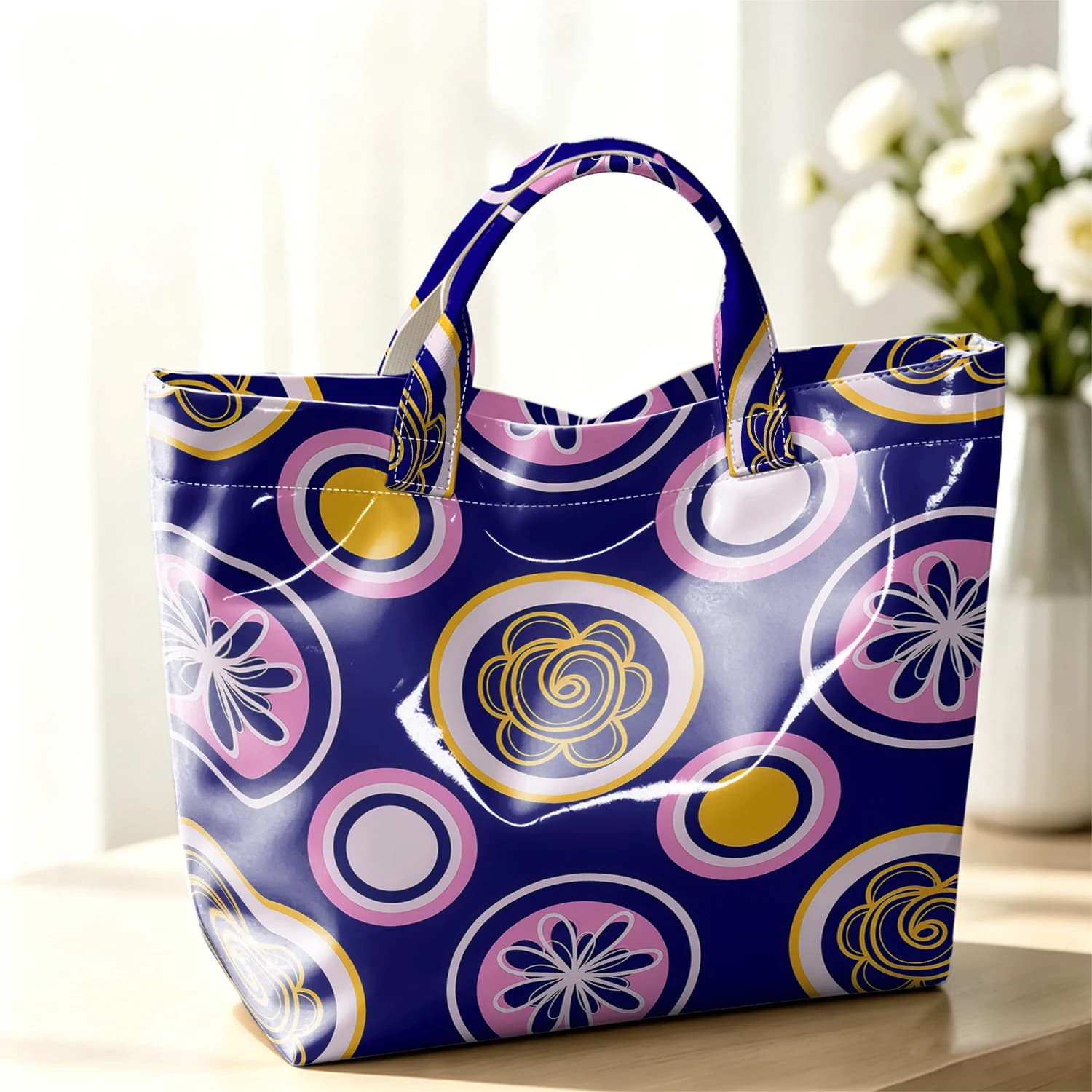 Dark Blue Circle Floral Geometric Cute Large Glossy PVC Tote Bag Hand Washable Lightweight Soft Great for Travel Commute Handbag
