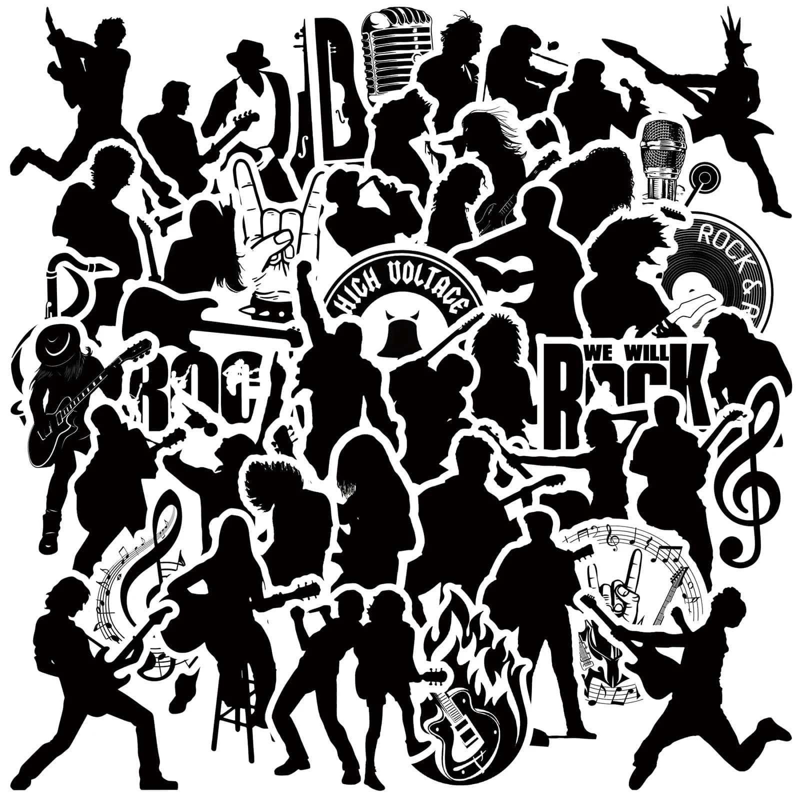 50Pcs Cool Rock Music Sticker White and Black Stickers Fashion Band DIY Stickers Skateboard Motorcycle Phone Laptop Decals