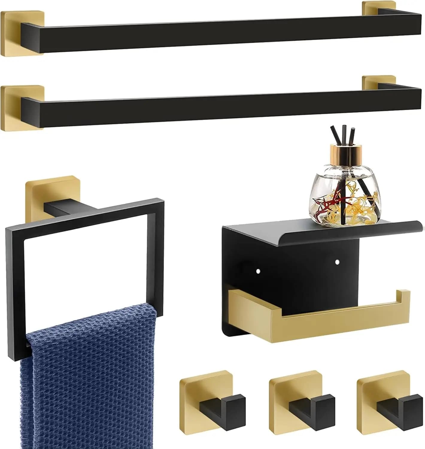 Set da bagno da 7 pezzi nero e oro con portasciugamani, portasciugamani, supporto e ganci - Design moderno