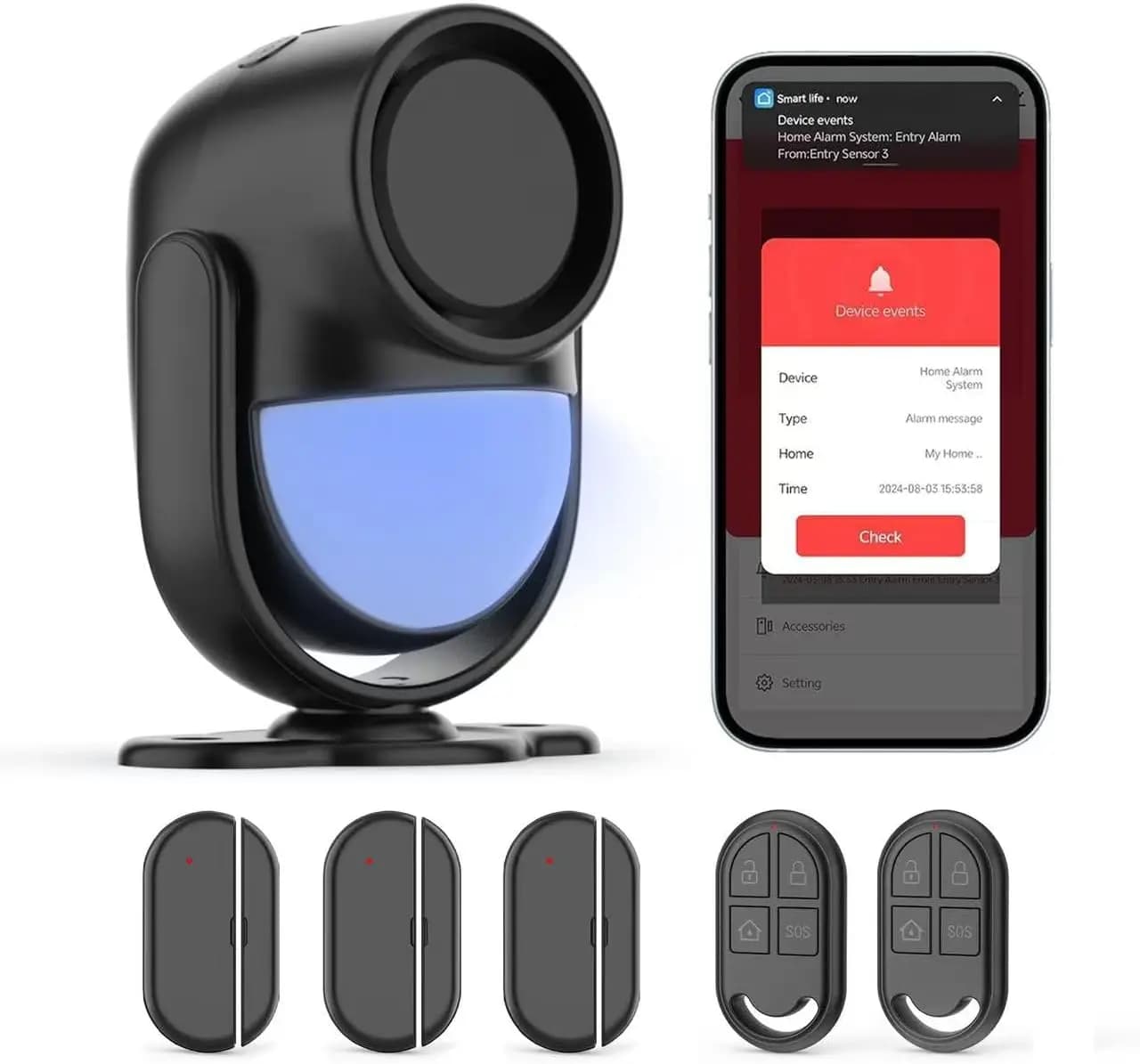 Kit Allarme con Sensore di Movimento PIR WiFi 2.4G, Sistema di Sicurezza Wireless Fai-da-Te per Porte/Finestre con Avviso su App per Casa e Ufficio