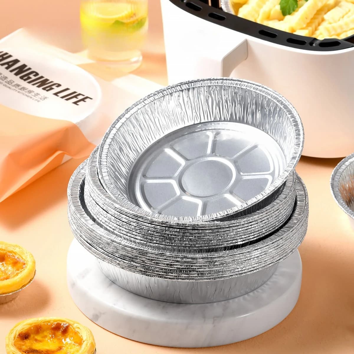 10pcs Round Foil Trays Flan Dish Silver Foil Food Container Disposable Aluminum Foil Plate Tin Foils Pie Pans for Air Fryer
