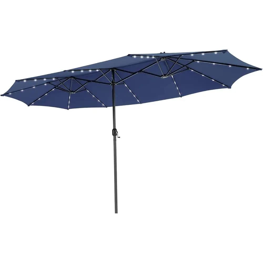 15 t r Patio Umbrella, Double-Sided Extra Large Outdoor Market Table Umbrella with 48 LED Lights, Crank Handle, 12 Sturdy Ribs o