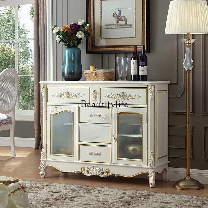 yj5Credenza in legno massello con piano in marmo bianco, espositore per vino, vetro, vintage