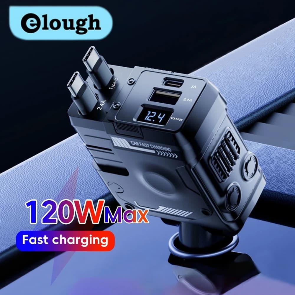 Caricabatteria da auto Elough 120W Carica flash super veloce Caricatore multiporta USB/Tipo C Cavo di espansione 4 in 1