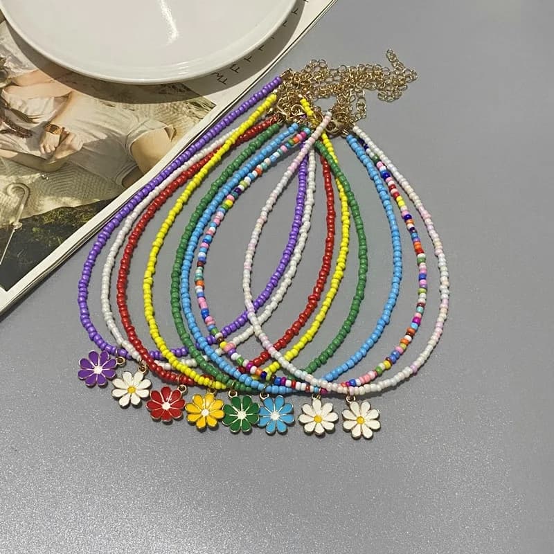 Nuova Collana Girocollo alla Moda con Ciondolo a Fiore per l'Estate, Piccole Perline Colorate, Gioielli per il Collo, Vendita all'Ingrosso e Dropshipping