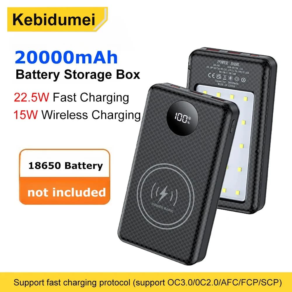 Custodia per banca di potere 6*18650 20000mAh 22,5 W cablata + 15 W custodia per banca di potere esterna wireless scatola di immagazzinaggio carica batteria supporto batteria