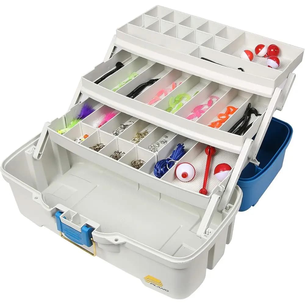 Aqua Blue 3-level fishing equipment box with accessories, ready fish, light brown finishes, single size