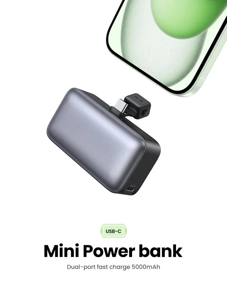 UGREEN portable charger for iPhone 15, 5000mAh power pack with built-in USB C connector, 22.5w fast charger power pack stand