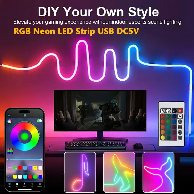 Strisce LED al neon RGB Bluetooth Luci di corda flessibili natalizie impermeabili APP USB/telecomando per decorazioni per sala giochi