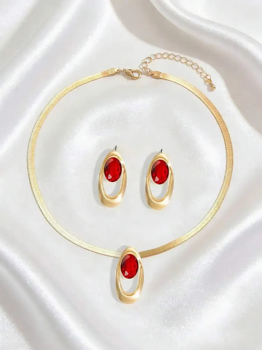 Set di collana e orecchini vintage con pietra rossa ovale cava per donna, gioielli alla moda per feste