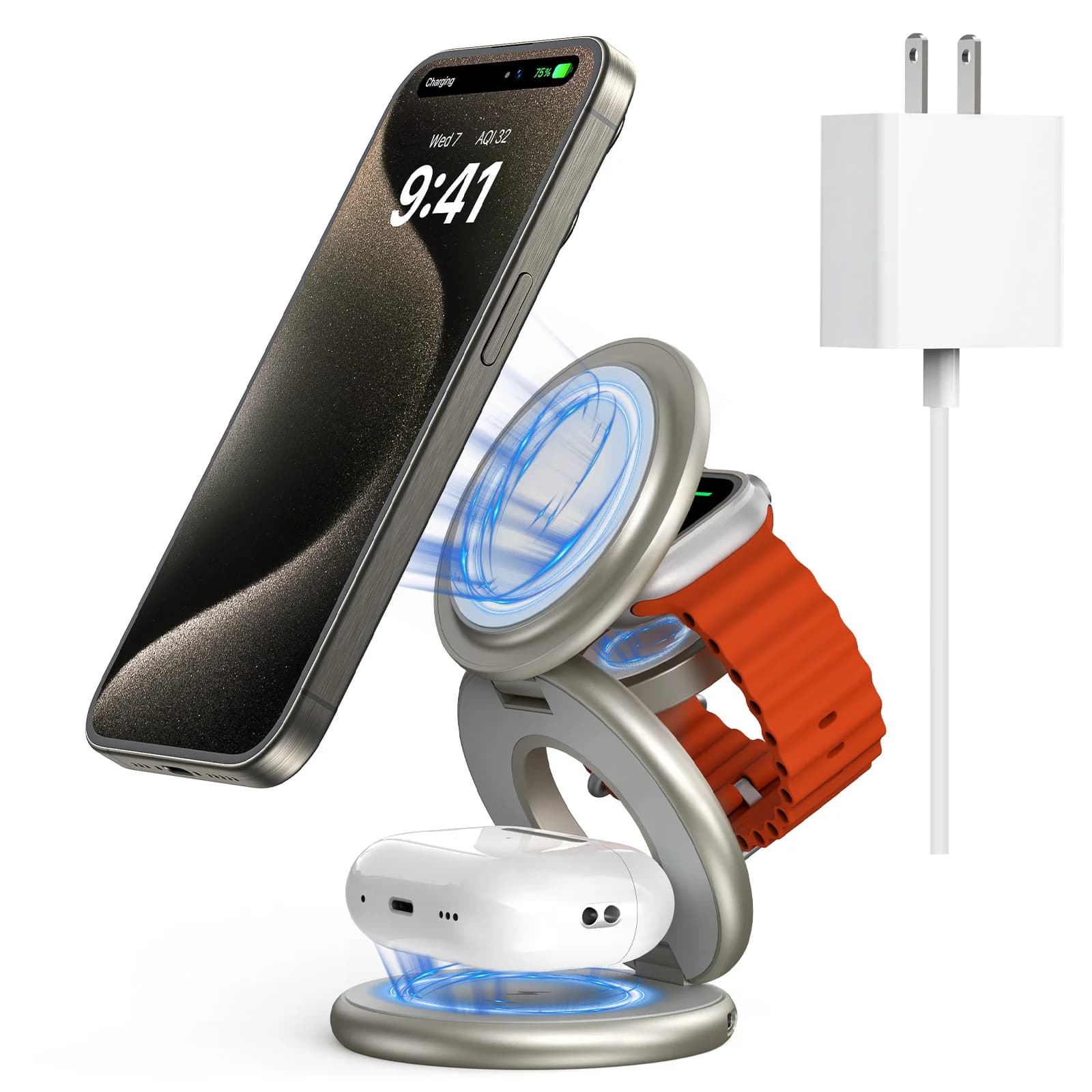 KUXIU X63 3 in 1 Wireless Charger Support for iPhone 17 16 15 14 13 Pro/Max/Plus, Apple Watch 9 8 7 6, AirPods, Stion Quick Charger