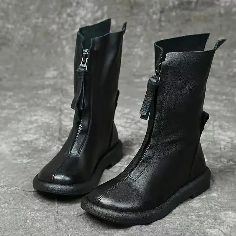 Careaymade-New simple leather boots can retro long boots women boots leather boots with soft bottom flat autumn and winter boots