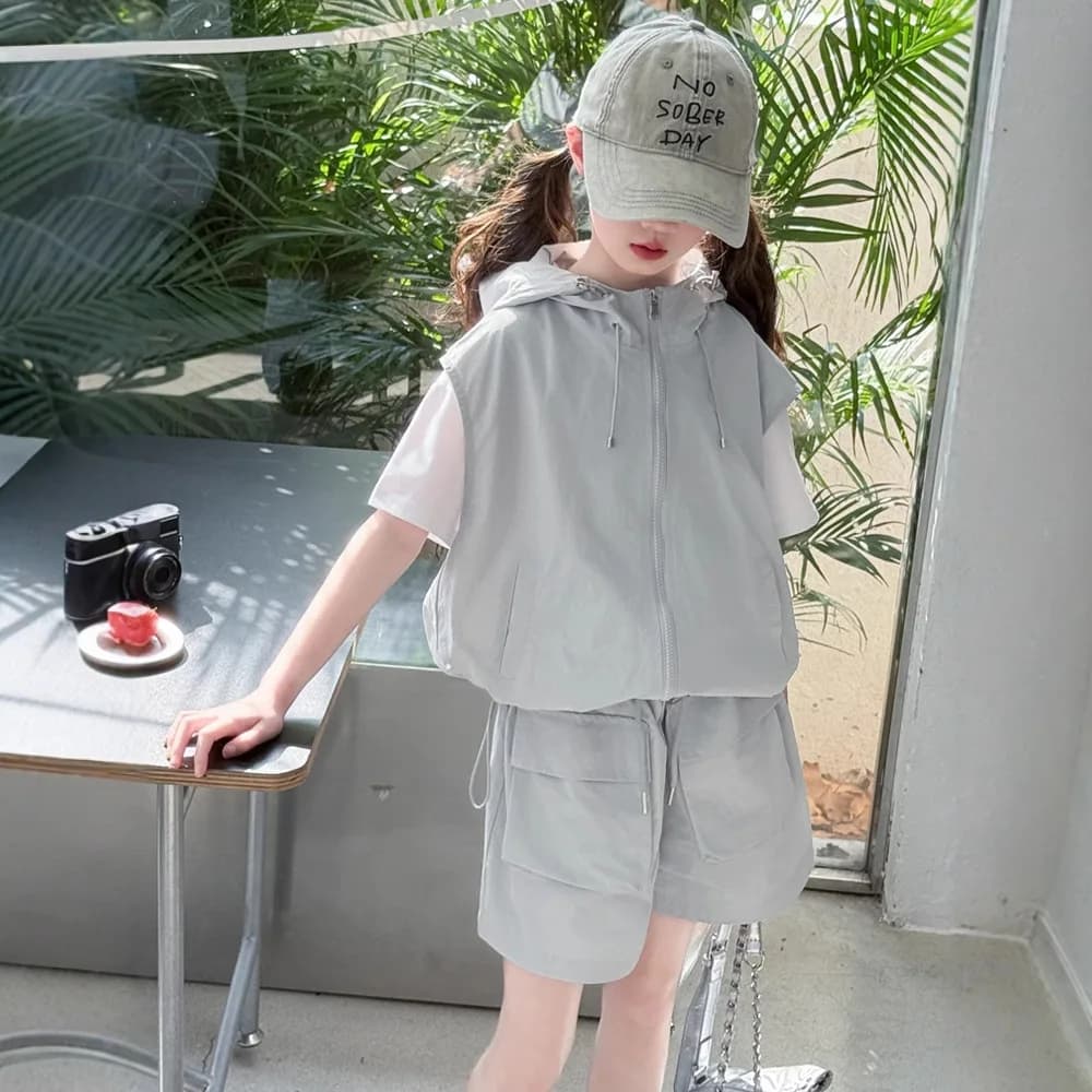 Abbigliamento estivo per ragazze 2025 Nuovo set Abbigliamento da lavoro per bambini Gilet con cappuccio Top Pantaloncini leggeri a gamba larga Set da 3 pezzi