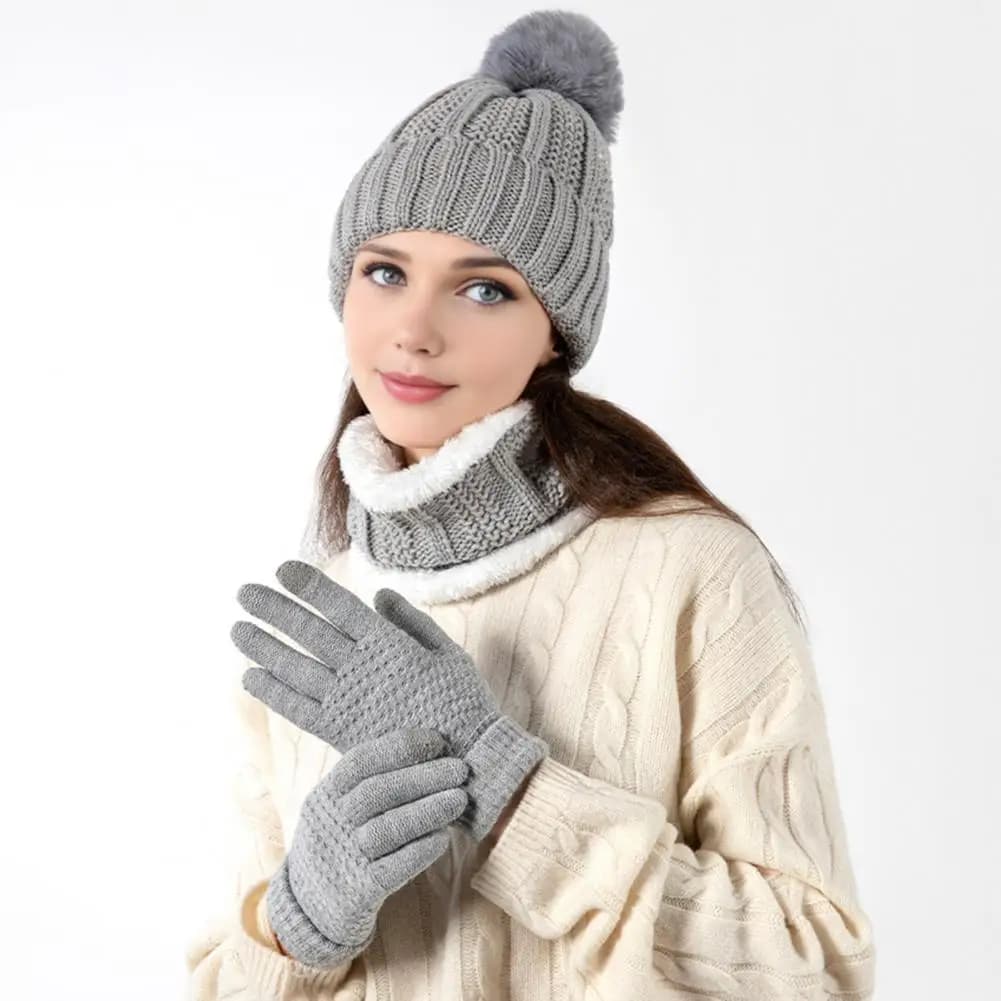 Hat Scarf Gloves Set Knitwear Set Winter Knitted Pom Pom Ball Scarf Gloves Set with Fleece Lining Brimless Hat for Weather