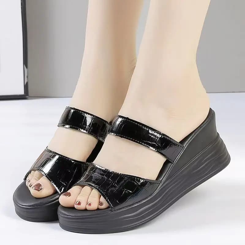 Women PU Leather Wedges Open Toe Slippers Summer New Thick Sole Non Slip Lightweight Outdoor Slippers Sandals High Heel Slippers