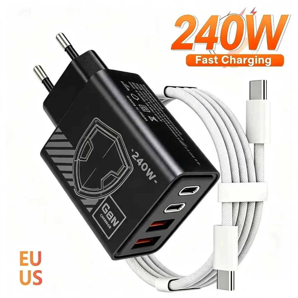 240W GaN Mechanical Multi‑Port USB Quick Charger, Replaceable EU US Plug Travel Adapter for Phone Laptop Daily Devices