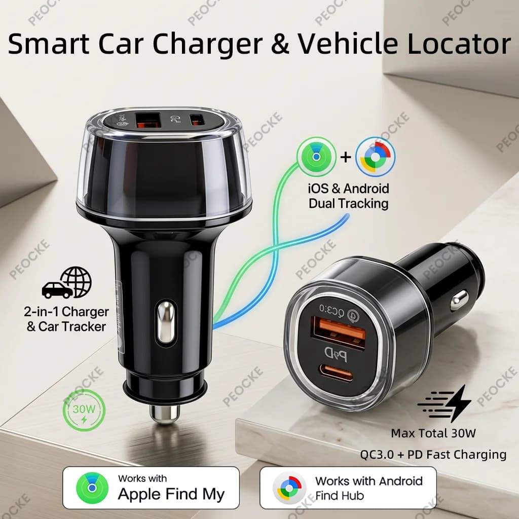 Car Charger GPS Locator Tracker Dual System 30W QC3.0 PD Type-C USB Fast Car Charger Works With Apple Find My&Google Find Hub