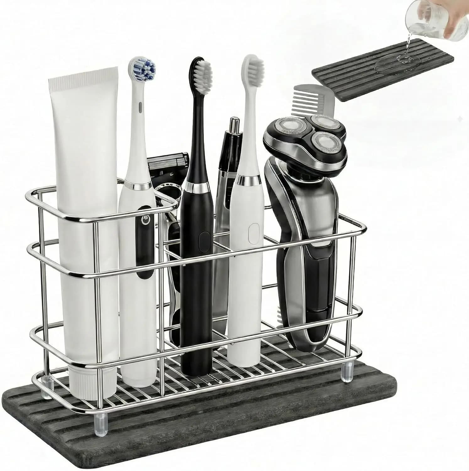 Bathroom brush holder for Worktop, Stainless Steel Electric Toothbrush Organizer with Rapid Drying Stone Mat