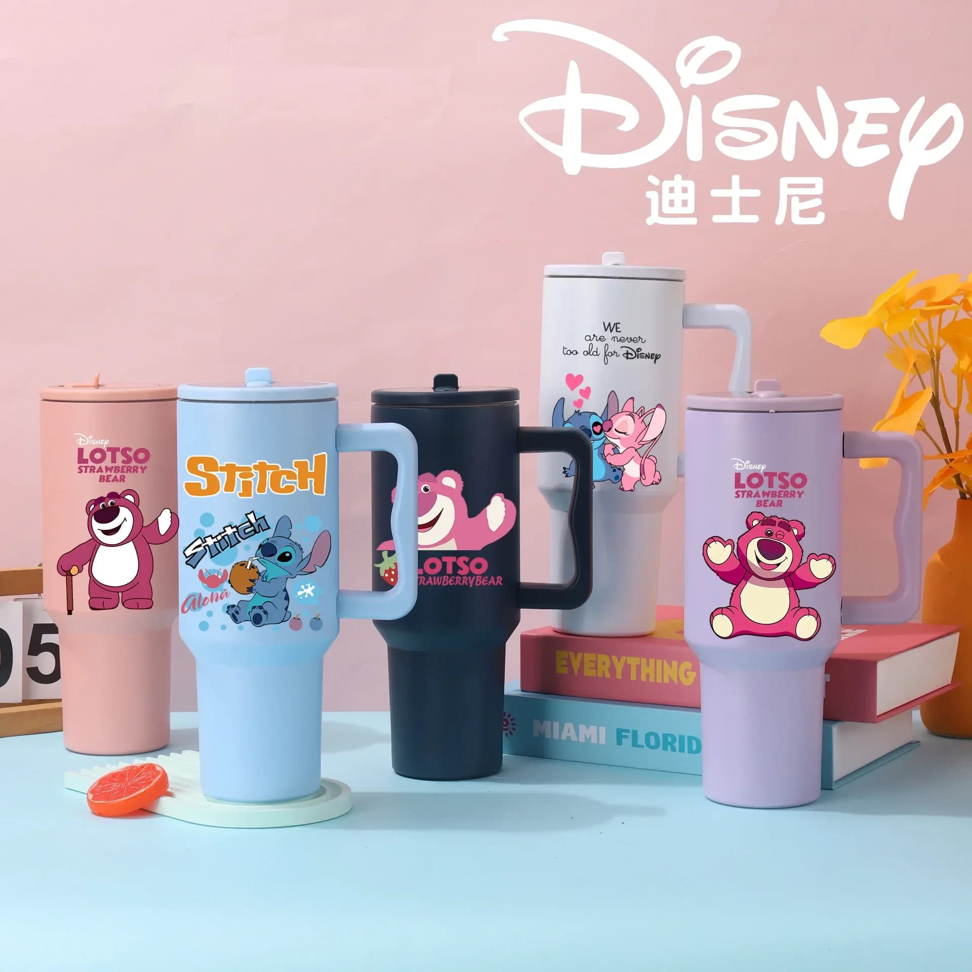Disney Stitch 2024 Nuovo Bicchiere da Auto da 40oz in Acciaio Inossidabile 304, Bicchiere Termico a Doppio Strato Sottovuoto per Esterni, Orso Lotso Fragola