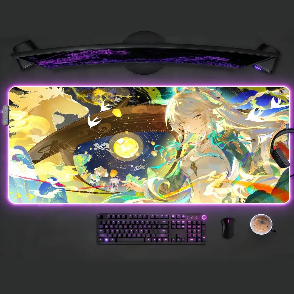 Tappetino per mouse Zibai Genshin Impact RGB LED antiscivolo, tappetino da scrivania in gomma, accessori da gioco, grande XXL, tappetino per tastiera da ufficio e computer