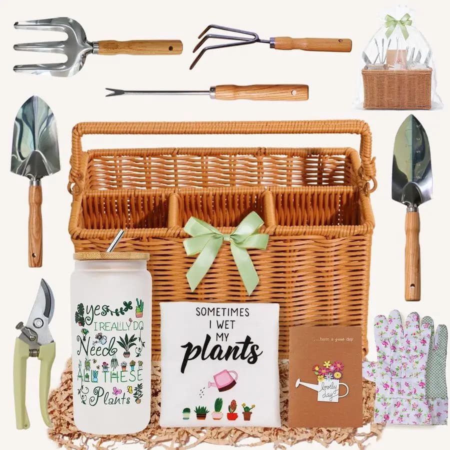 Regali per Donne: Set di 12 Attrezzi da Giardino con Cesto, Utensili Manuali Resistenti con Manico in Legno per Giardiniera, Amante delle Piante
