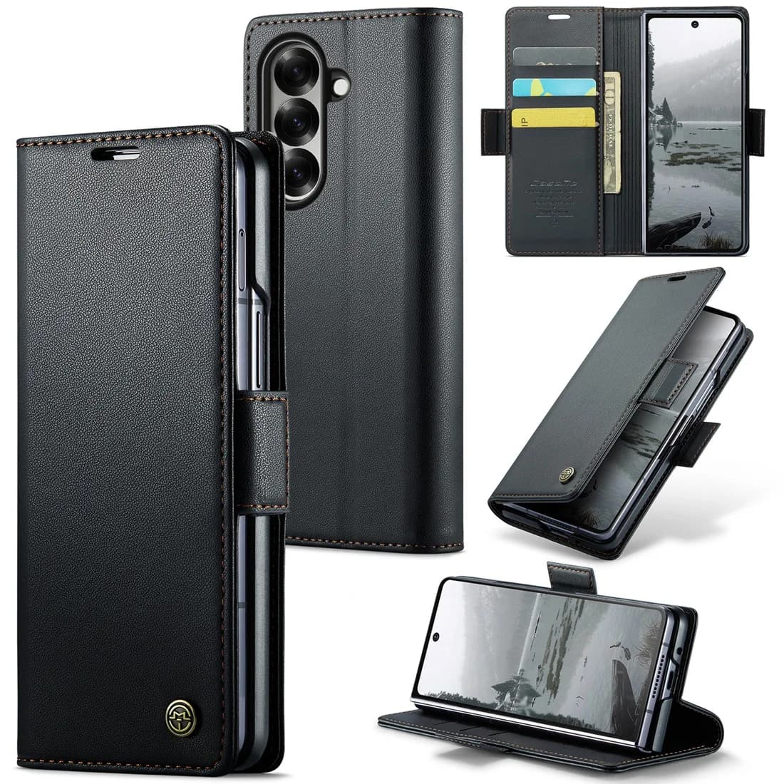 High-end Sle Bla Leather Support Phone Case for Samsung Galaxy Z Fold 7 Shock-resistant credit card holder for the whole body