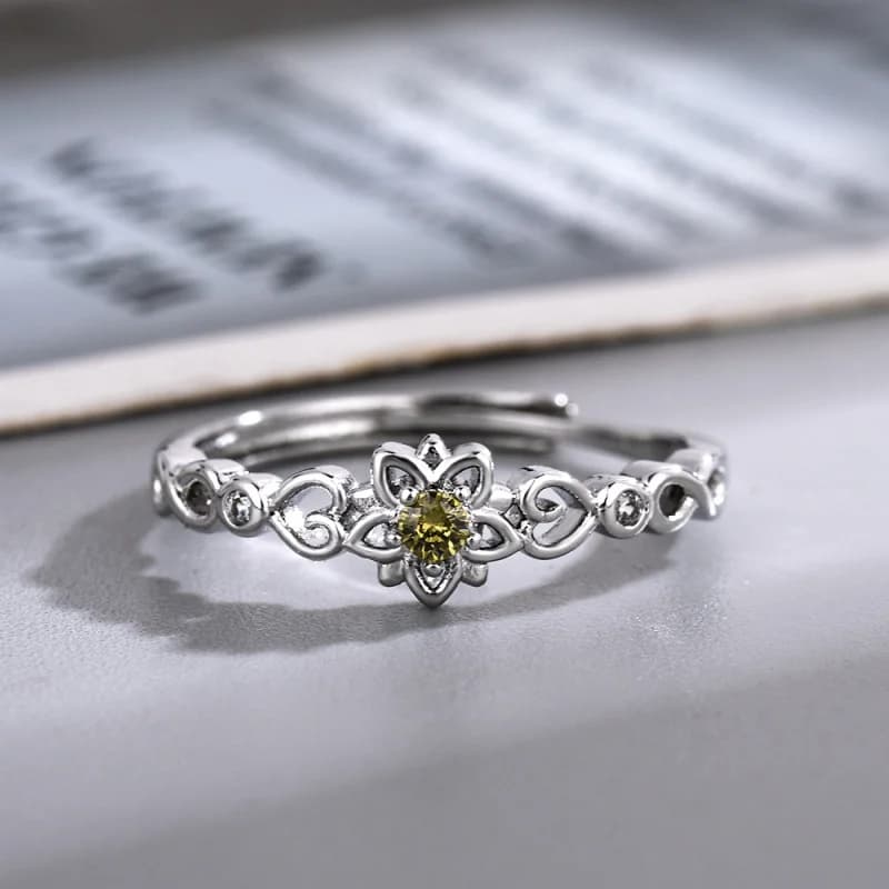 Five Petal Flower Infinity Heart Open Adjustable Ring Round Yellow Zircon CZ 925 Silver Vintage Romantic Women Jewelry Gift