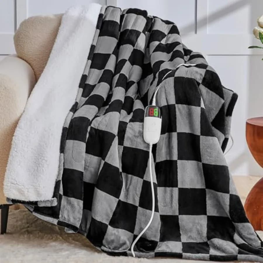 Coperta Elettrica Riscaldata Misura Singola 62X84 con 10 Livelli di Calore e Spegnimento Automatico Dopo 8 Ore, Morbida, a Quadri Grigio e Nero