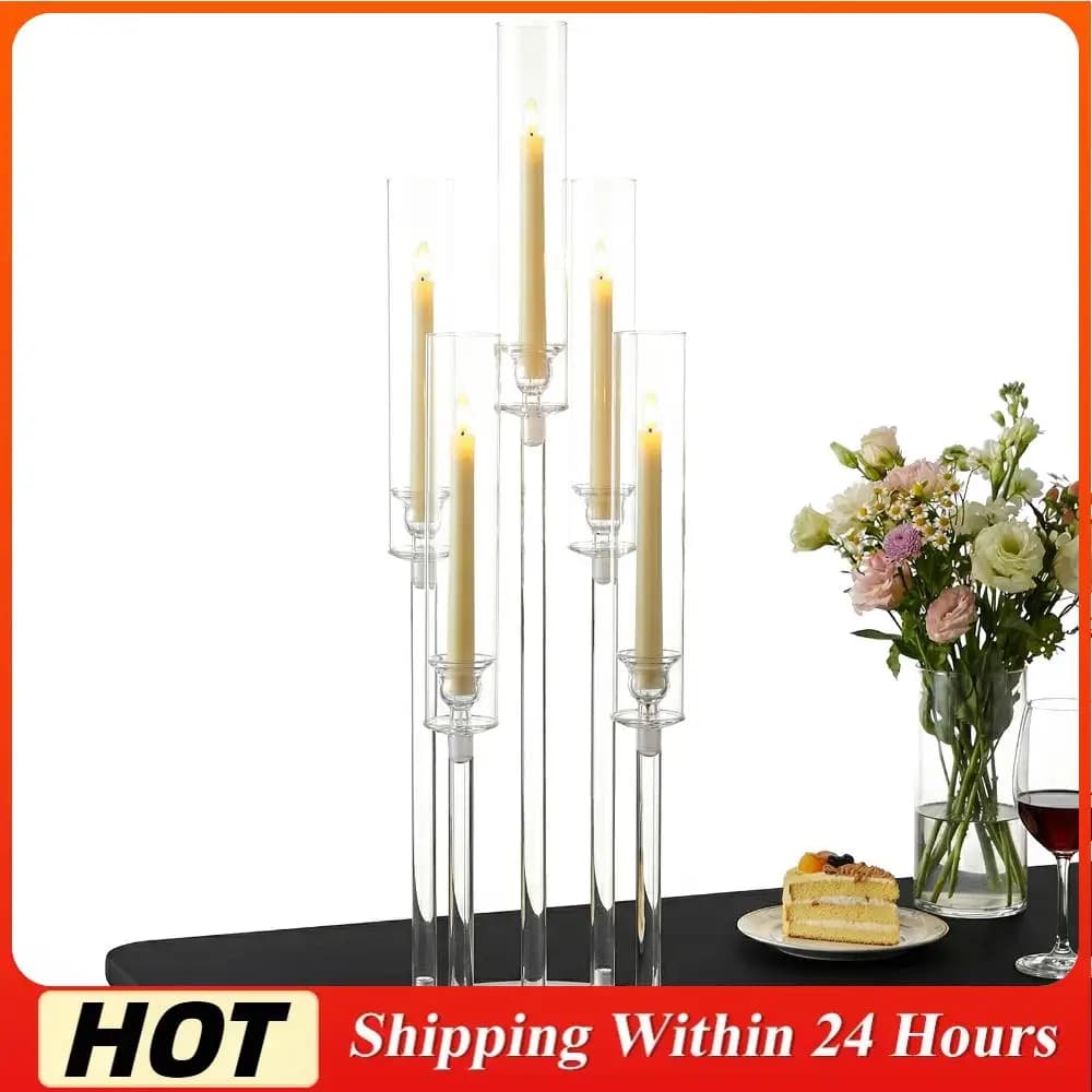 Set of 20/10 Acrylic 5 Arms Acrylic Candle Holder with Removable Shade, 0.8 cm LED Candle Holder for Wedding and Party Centerpiece