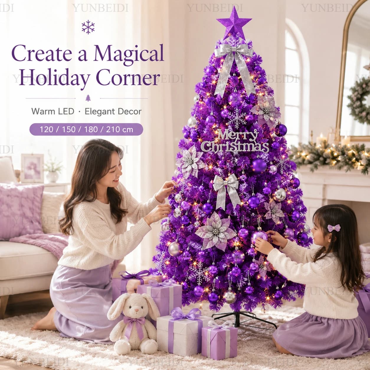 Purple Artificial Christmas Tree PVC Large-sized Christmas Tree 1.2CM 210CM Lights DIY Decoration Home Christmas Party Terpiece