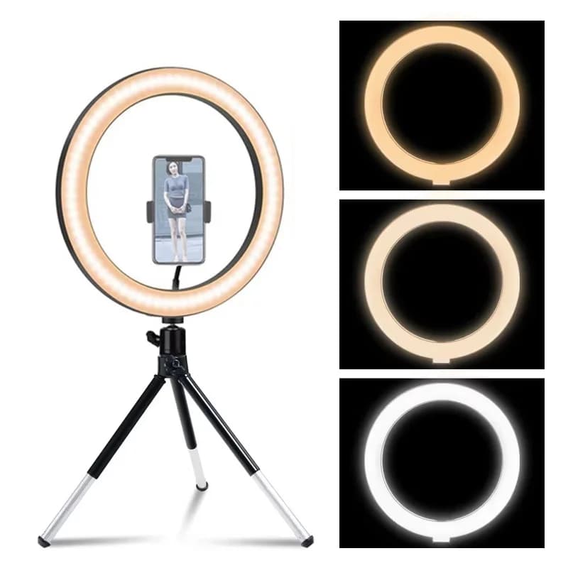 Lampada LED ad anello per selfie da 6/10/12 pollici, dimmerabile, con mini treppiede per telefono, video live, studio fotografico, ringlight